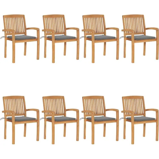 Havestole 8 stk. stabelbare i massivt teak med hynder