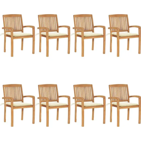 Havestole 8 stk. stabelbare i massivt teak med hynder