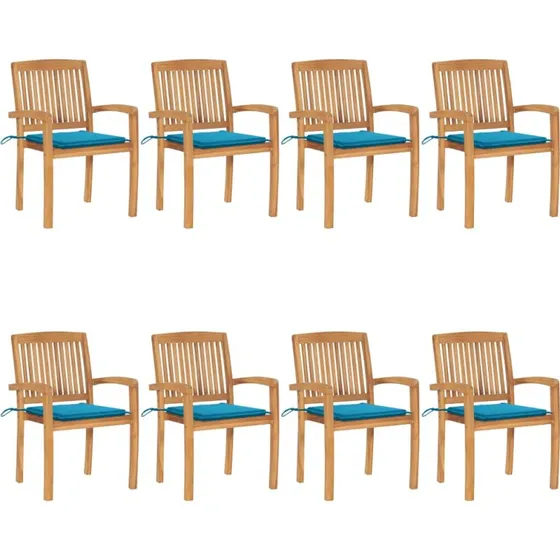 Havestole 8 stk. i massivt teak med hynder - stabelbare