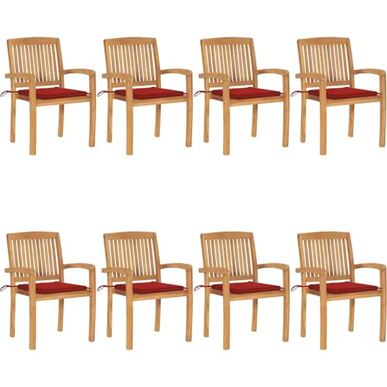 Havestole 8 stk. stabelbare i massivt teak med hynder