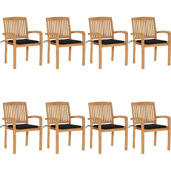 8 stk. havestole i massivt teak med hynder - stabelbare