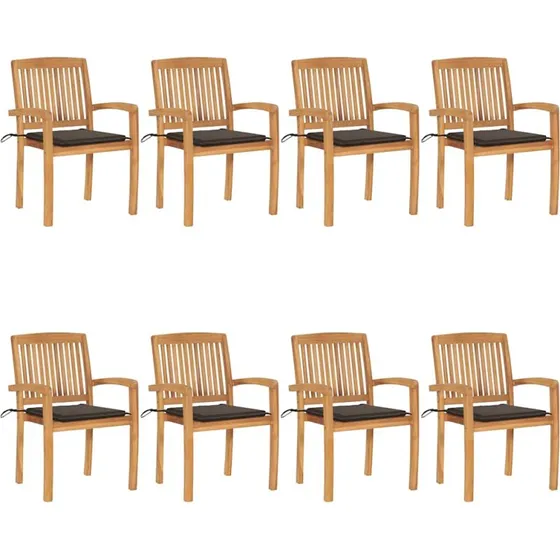 Havestole 8 stk. stabelbare i massivt teak med hynder