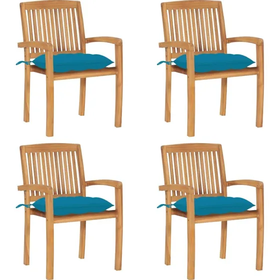 Havestole 4 stk. i massivt teak med hynder – stabelbare