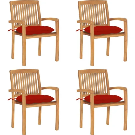 Havestole 4 stk. stabelbare i massivt teak med hynder