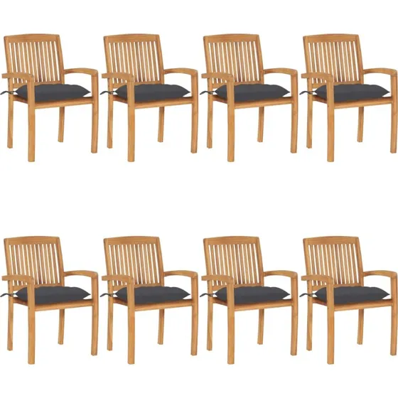 Stabelbare havestole 8 stk. i massivt teak med hynder