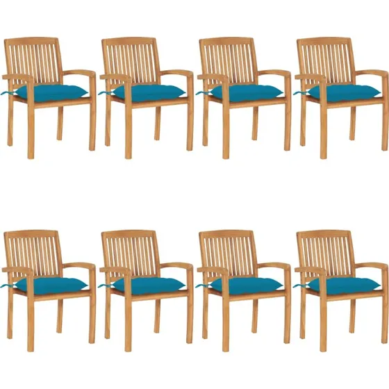 Havestole 8 stk. massivt teak med hynder – stabelbar