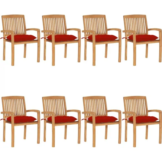 8 stk stabelbare havestole i massivt teak med hynder