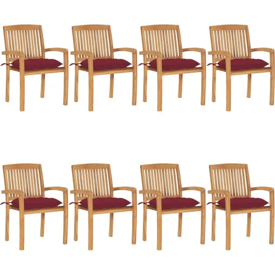 Havestole i massivt teak 8 stk. med hynder – stabelbare