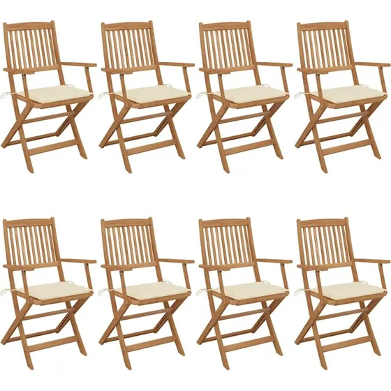 Foldbare havestole 8 stk. m. hynder i massivt akacietræ