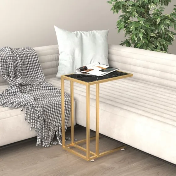 Sidebord 50x35x65 cm – hærdet glas, sort marmor & guld