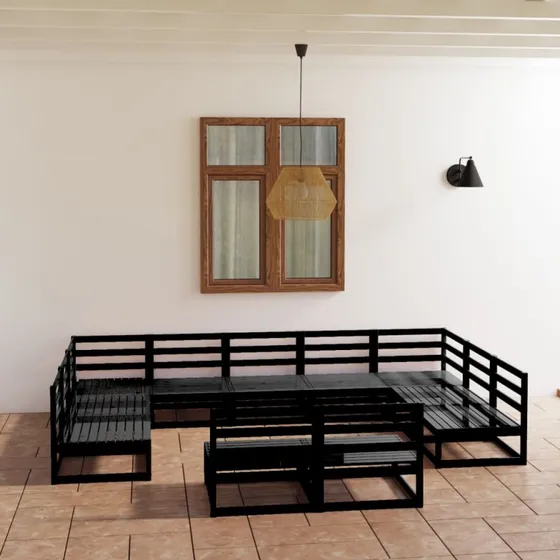 Loungesæt til haven 11 dele i massivt fyrretræ - sort