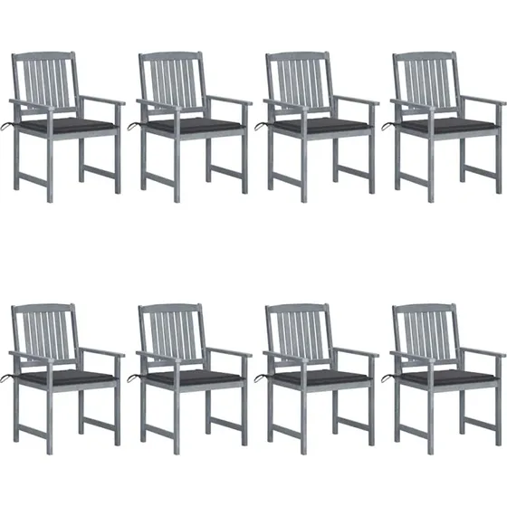 Havestole 8 stk. i massivt akacietræ med hynder, gråvasket