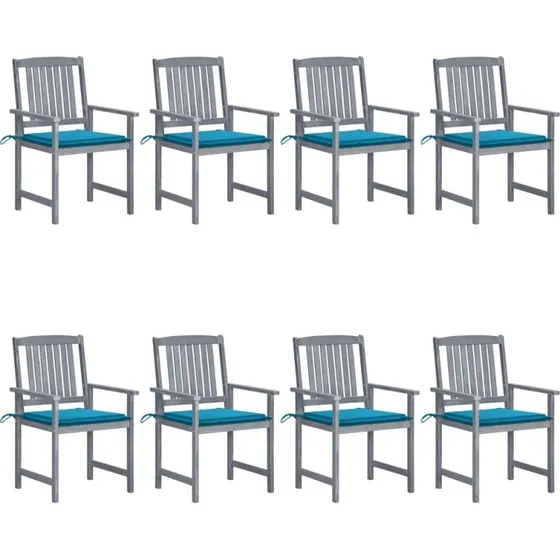 Havestole 8 stk. i massivt akacietræ med hynder, gråvasket