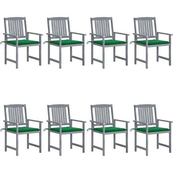 Havestole 8 stk. i massivt akacietræ med hynder – gråvasket