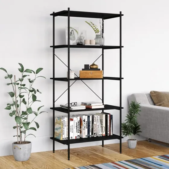 Reol 5 hylder 80x40x163 cm – sort stål & træ