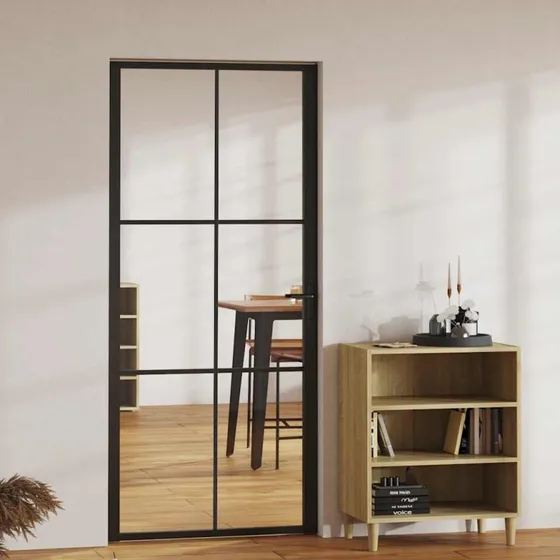Indvendig dør 93x201,5 cm – sort aluminium & hærdet glas