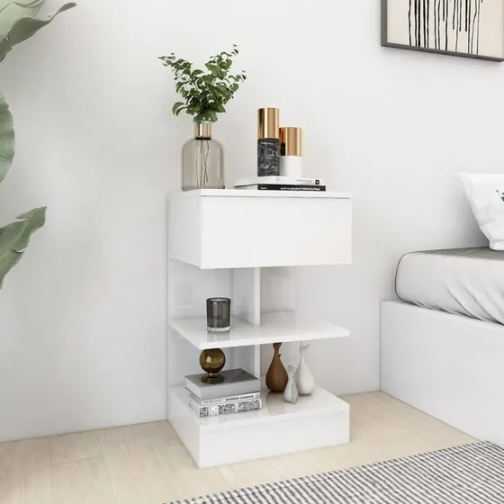 Sengebord 40x35x65 cm – Hvid højglans, konstrueret træ