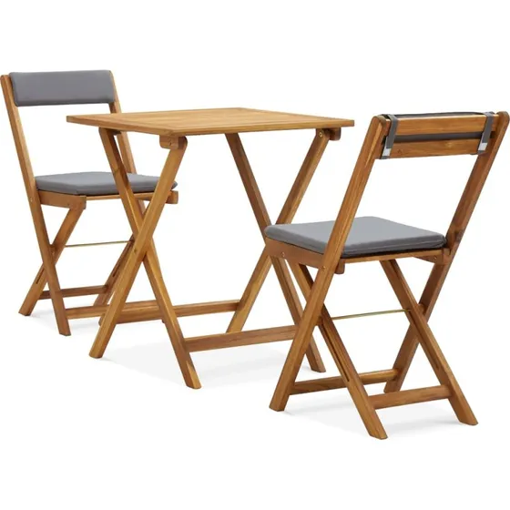 Foldbart bistrosæt 3 dele i massivt akacietræ med hynder