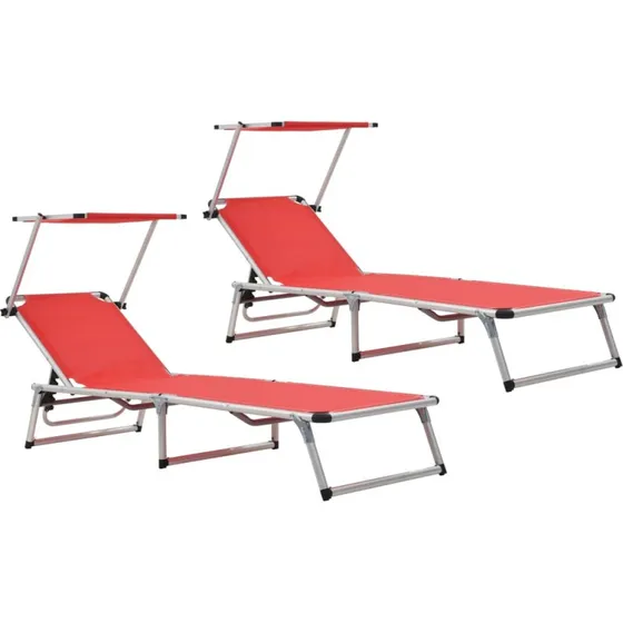 Foldbare liggestole med baldakin 2 stk. – Aluminium & Textilene, Rød
