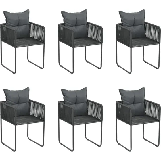Sæt med 6 havestole i polyrattan med puder, sort