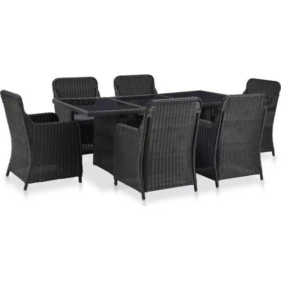 Udendørs spisebordssæt 7 dele i sort polyrattan
