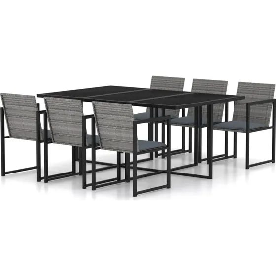 Udendørs spisebordssæt 7 dele i grå polyrattan