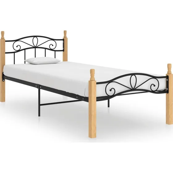 Sengeramme 100x200 cm i metal og massivt egetræ - sort/natur