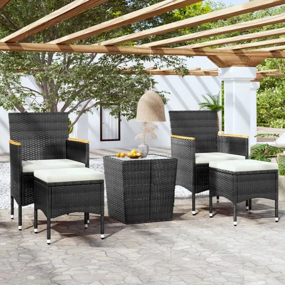 Bistrosæt 5 dele i polyrattan med hærdet glas – sort