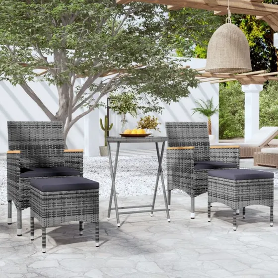 Bistrosæt i polyrattan 5 dele med hærdet glas - grå