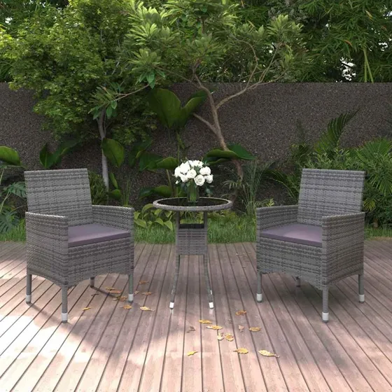 Havemøbelsæt 3 dele i grå polyrattan med glasbord
