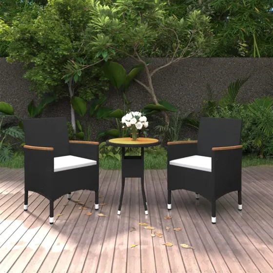 Havemøbelsæt 3 dele i sort polyrattan med akacietræ