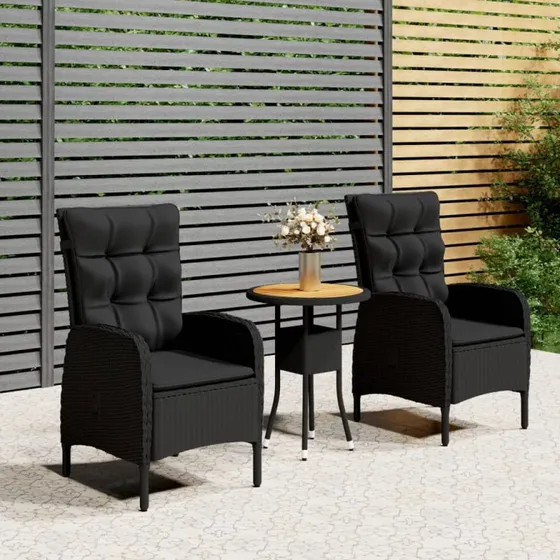 Bistrosæt 3 dele i sort polyrattan