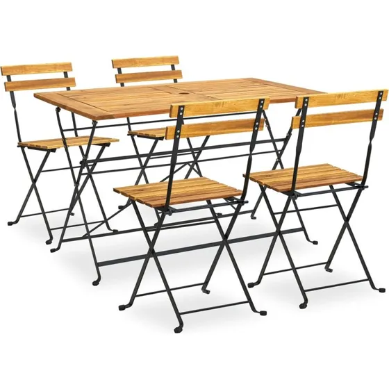 Udendørs spisebordssæt i massiv akacietræ, 5 dele, foldbart