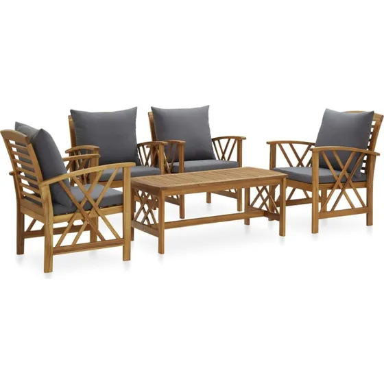 Loungesæt 5 dele i massivt akacietræ med hynder