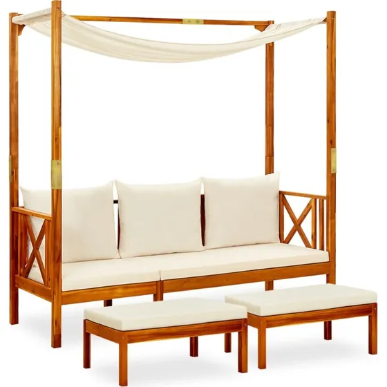 Havebænk i massivt akacietræ med baldakin og 2 fodskamler