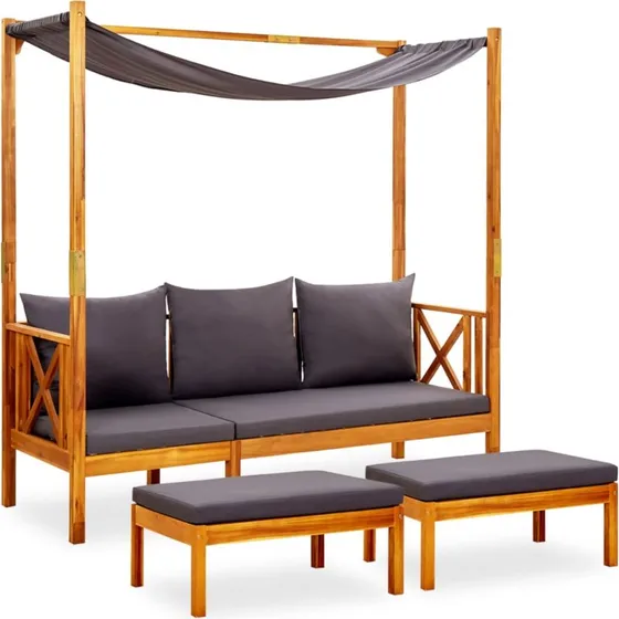 Havebænk i massivt akacietræ med baldakin og fodskamler