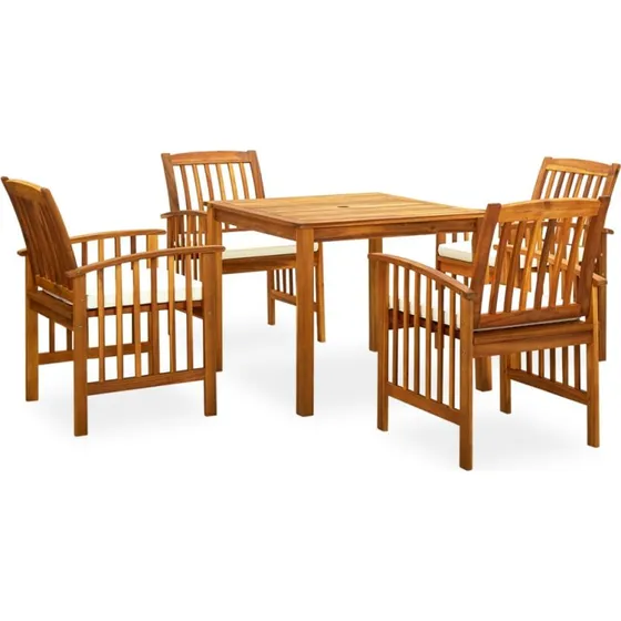 Spisebordssæt i massiv akacietræ 5 dele med hynder