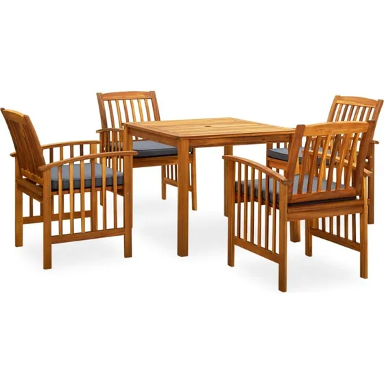 Spisebordssæt i massiv akacietræ, 5 dele med hynder