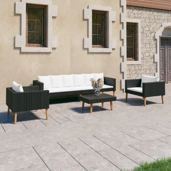 Loungesæt til haven 4 dele i sort polyrattan med hynder