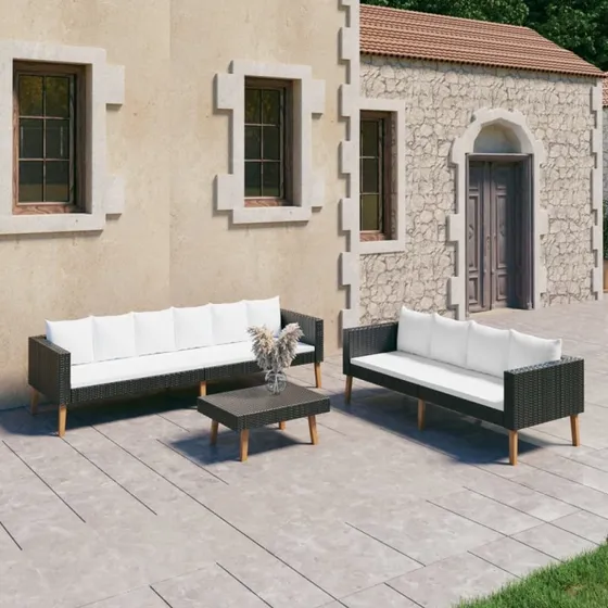 Loungesæt til haven 3 dele i sort polyrattan med hynder