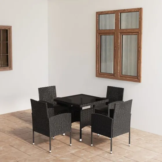 Havemøbelsæt 5 dele polyrattan sort med glasbord