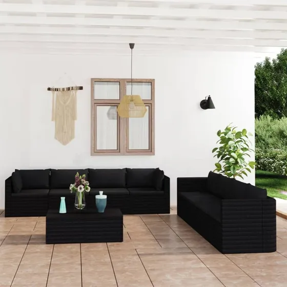 Loungesæt til haven 9 dele i sort polyrattan med hynder