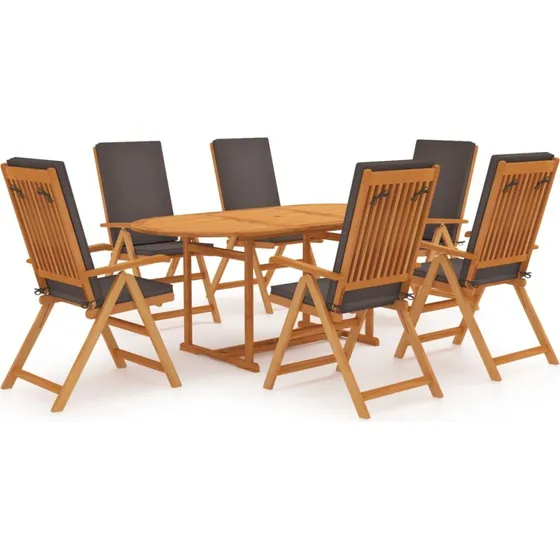 Teak spisebordssæt 7 dele med hynder - grå
