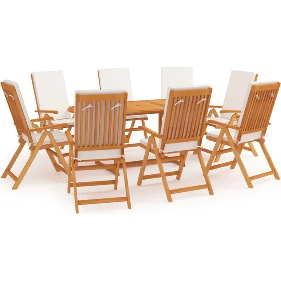 Spisebordssæt i massivt teak til haven 9 dele inkl. hynder