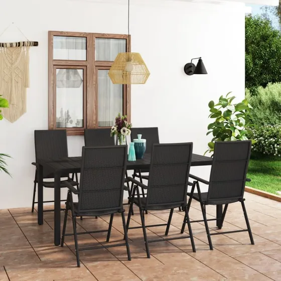 Havemøbelsæt 7 dele sort - polyrattan & WPC bord