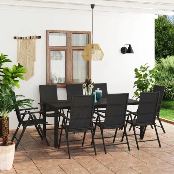 Havemøbelsæt 9 dele sort – polyrattan & WPC bord
