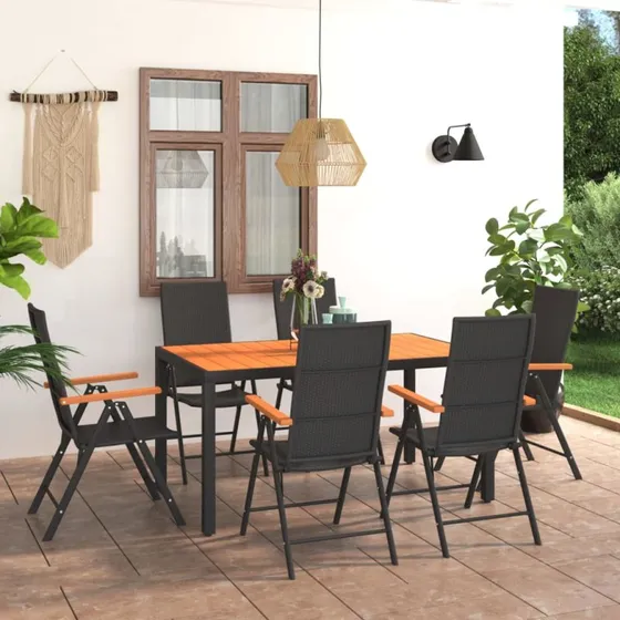 Havemøbelsæt 7 dele – sort polyrattan & brun WPC