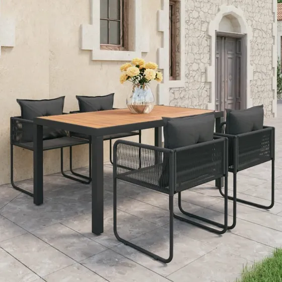Spisebordssæt 5 dele polyrattan sort/brun