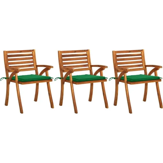 Havestole i massivt akacietræ 3 stk. med grønne hynder