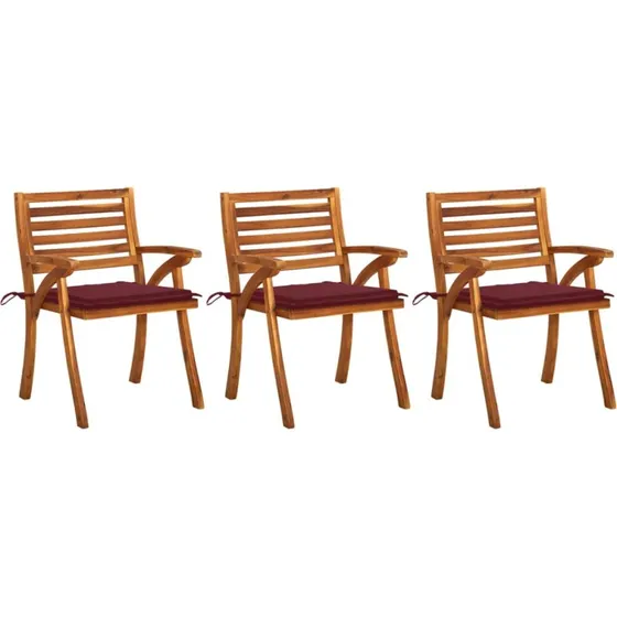 Havestole 3 stk. i massivt akacietræ med vinrøde hynder